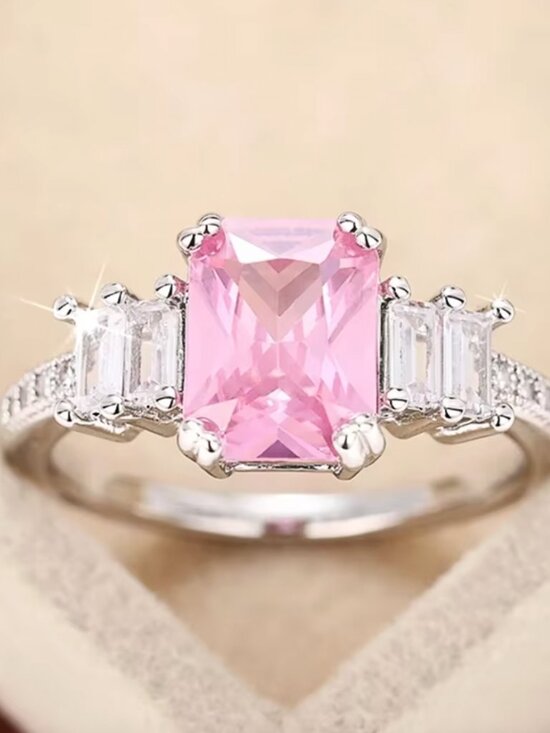18k White Gold Pink Sapphire Diamond Ring Band Emerald Cut Ring